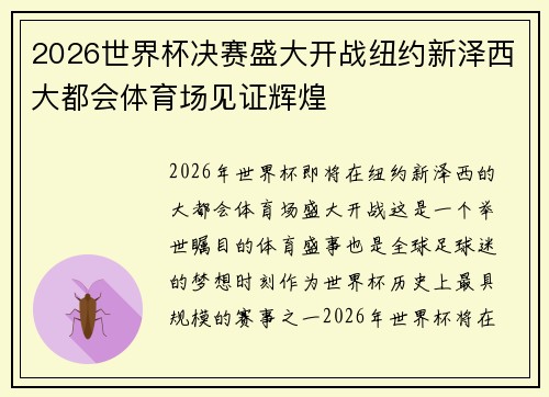 2026世界杯决赛盛大开战纽约新泽西大都会体育场见证辉煌